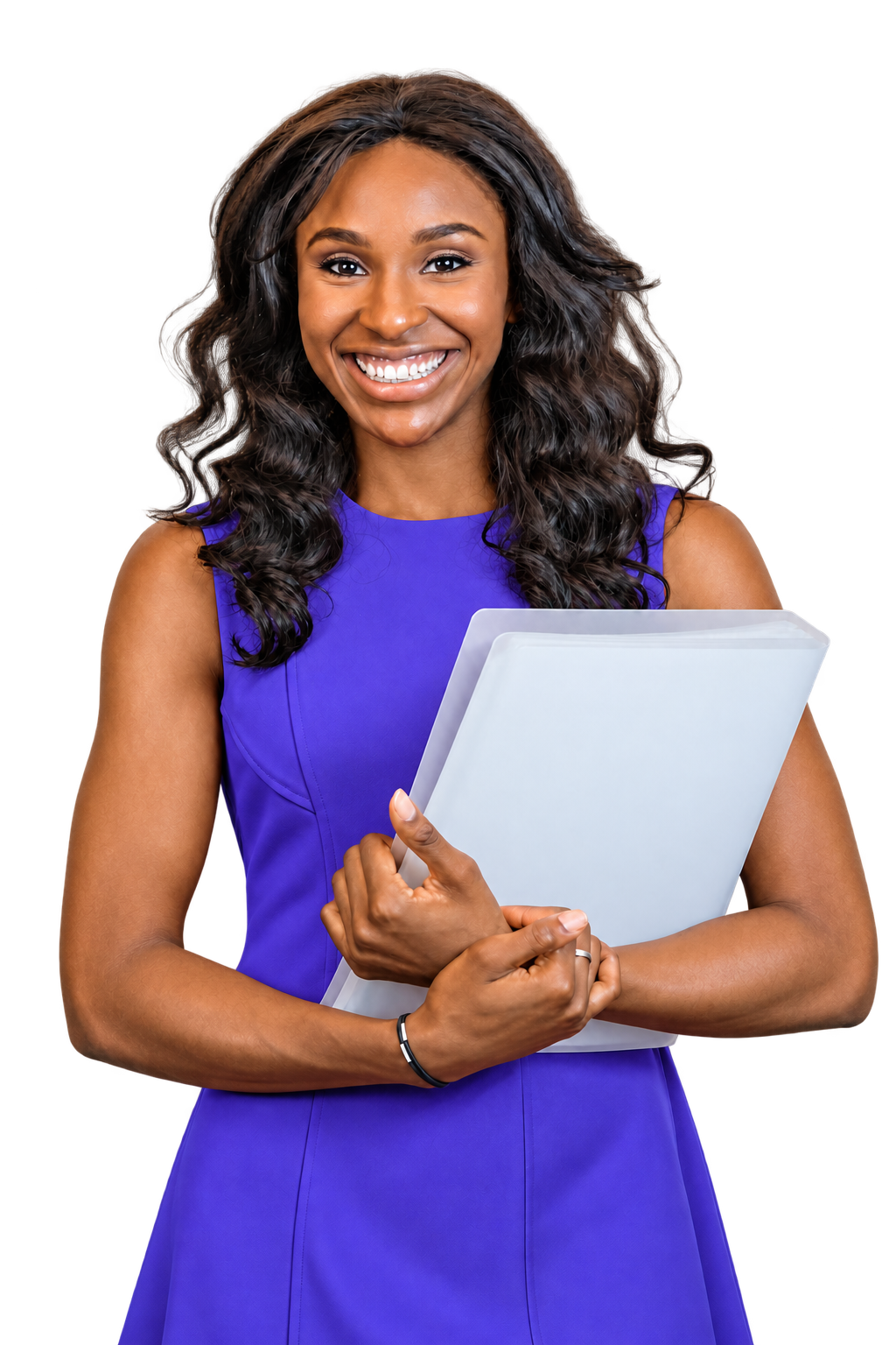 A happy professional woman smiling and holding her CV folders